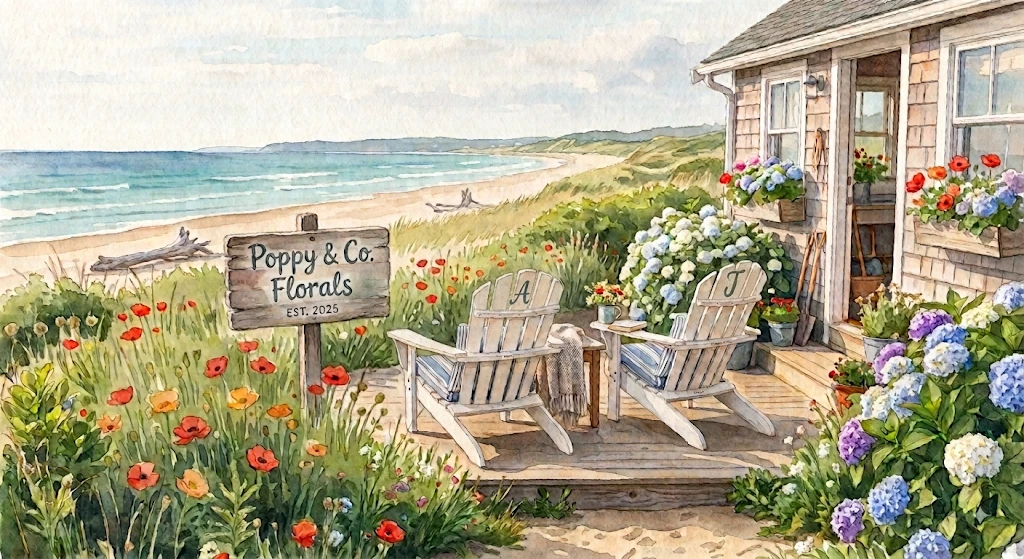 Watercolor illustration of a shingled cottage with flower boxes and hydrangeas, two Adirondack chairs on the deck, and a Poppy & Co. Florals sign in a meadow of poppies by the beach.